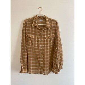 Old Navy Women’s Sheer Button-Up Shirt Tan & White Windowpane Blouse Size XL
